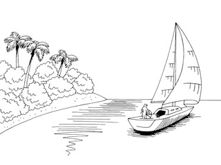 Yacht travel graphic black white sea landscape sketch illustration vector