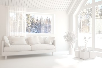 Mock up of stylish room in white color with sofa and winter landscape in window. Scandinavian interior design. 3D illustration