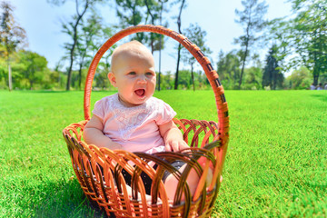 Little child in a wicker basket, joyful and happy little girl in the park.