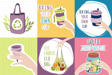 Eco-friendly banners with zero waste lifestyle tips. Textile bag instead of plastic one. Metal or glass cup instead of disposable one. Menstrual cup instead of pads or tampons. Jar of garbage a year. 