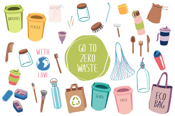 Full set of items for eco lifestyle zero waste life. Eco home. Ecology life. Go green. Less plastic. Hand drawn vector elements on white background. 