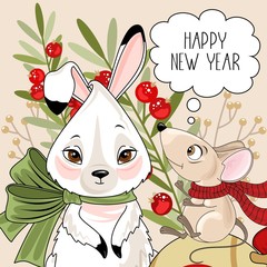 Holiday card with a cute mouse, Bunny and festive elements. Hand lettering. Vector illustration.
