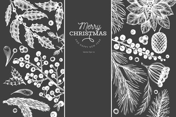 Fototapeta premium Christmas banner template. Vector hand drawn illustrations on chalk board. Greeting card design in retro style. Winter background