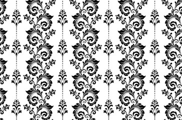 Floral pattern. Vintage wallpaper in the Baroque style. Seamless vector background. White and black ornament for fabric, wallpaper, packaging. Ornate Damask flower ornament