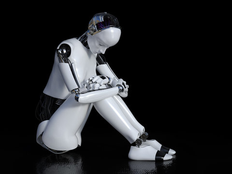 3D rendering of female robot looking sad.