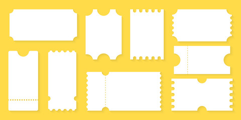 Blank Tickets design for Airplane, train, bus, Cinema, party, circus, festival or concert. Empty ticket template. Coupon mockup, empty blank Tickets.