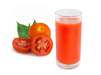 tomatoe juice and tomatoes fruits with green leaf in glass