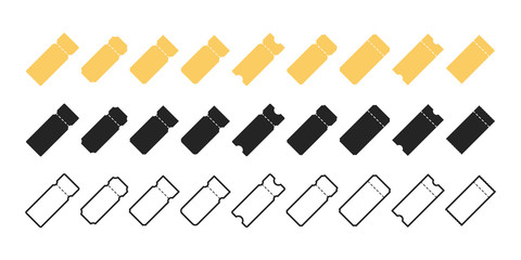 Set of blank Tickets icons. Movie ticket icons. Airplane, train, bus, concert minimalist style. Tickets icon template of different style.
