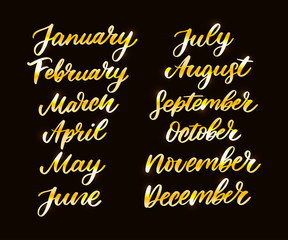 Handwritten names of months: December, January, February, March, April, May, June, July, August, September, October, November. Calligraphy words for calendars and organizers.