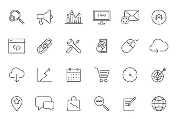 Search Engine Optimization. Set of Vector SEO Optimisation Icons. Set of Search Engine Optimization. Linear symbols set.