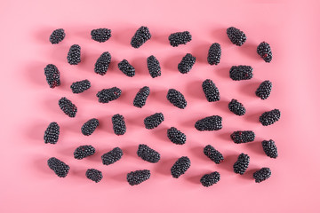Blackberry pattern. Berry blackberry on pastel pink background. Summer berry concept. Flat lay, top view, copy space