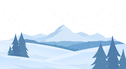 Cartoon Winter snowy Mountains flat landscape with pines and hills.