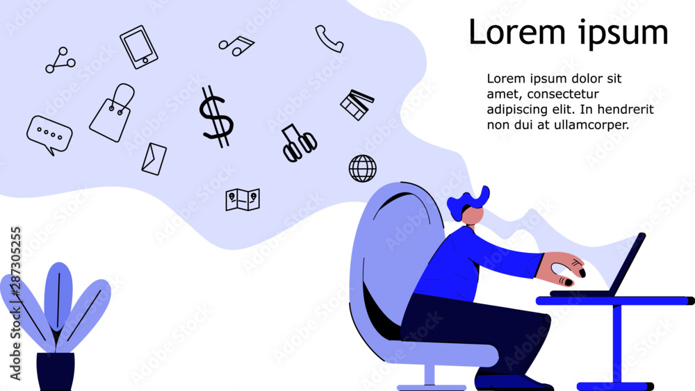 Poster man use computer laptop. technology concept illustration with icon.