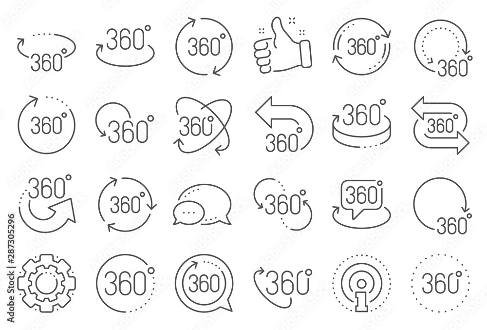 Poster 360 degree line icons. rotate arrow, vr panoramic simulation and augmented reality. 360 degree virtu