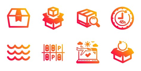 48 hours, Search package and Package box line icons set. Waves, Packing boxes and Parking place signs. Airplane travel symbol. Delivery service, Tracking service. Transportation set. Vector