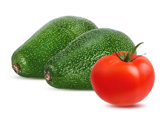 Fresh avocados and tomato isolated on white background with clipping path