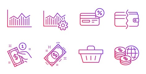 Payment method, Payment and Operational excellence line icons set. Money diagram, Shopping basket and Cashback signs. World money symbol. Finance, Wallet cash. Finance set. Vector