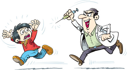 boy runs away from injection