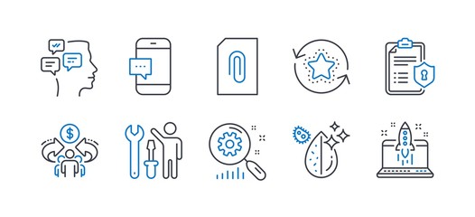 Set of Technology icons, such as Attachment, Loyalty points, Privacy policy, Sharing economy, Smartphone message, Repairman, Search statistics, Dirty water, Messages, Start business. Vector