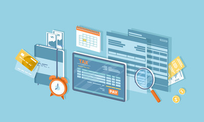 Tax payment. Mobile payment service. Tax form on tablet screen, financial calendar, magnifying glass, money, gold coins, credit card, invoices, alarm clock. Isometric 3d vector background.