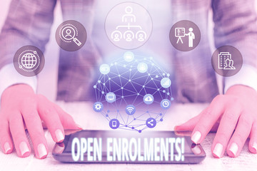 Conceptual hand writing showing Open Enrolments. Concept meaning when employees may make changes to...