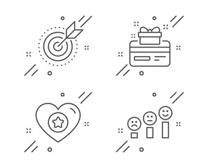 Target purpose, Heart and Loyalty card line icons set. Customer satisfaction sign. Business focus, Star rating, Bonus points. Happy smile chart. Technology set. Vector