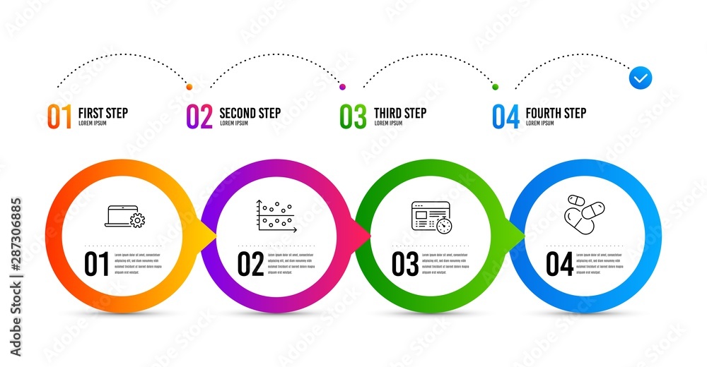 Poster web timer, notebook service and dot plot line icons set. timeline infographic. capsule pill sign. on