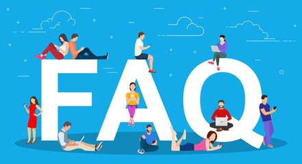 Frequently asked questions concept. people standing near letters and using smart phone, laptop and digital tablet. Vector illustration in flat style - obrazy, fototapety, plakaty