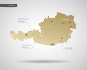 Stylized vector Austria map.  Infographic 3d gold map illustration with cities, borders, capital, administrative divisions and pointer marks, shadow; gradient background. 