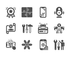 Set of Technology icons, such as Sharing economy, Repairman, Augmented reality, Smartphone broken, Puzzle, Spanner tool, Cogwheel blueprint, Seo phone, Snowflake, Loyalty award, Speaker. Vector