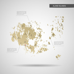 Naklejka premium Stylized vector Aland Islands map. Infographic 3d gold map illustration with cities, borders, capital, administrative divisions and pointer marks, shadow; gradient background. 