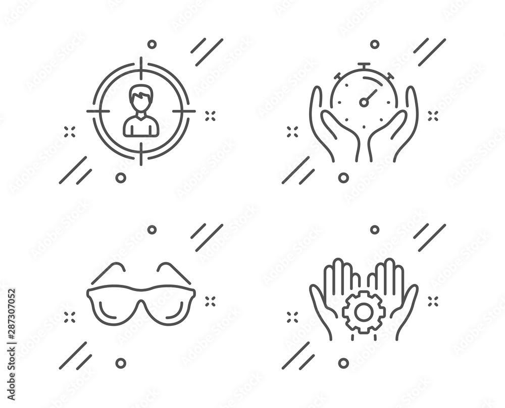 Poster timer, eyeglasses and headhunting line icons set. employee hand sign. deadline management, optometry