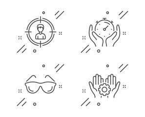 Fototapeta na wymiar Timer, Eyeglasses and Headhunting line icons set. Employee hand sign. Deadline management, Optometry, Person in target. Work gear. People set. Line timer outline icon. Vector