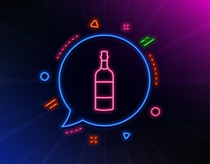 Brandy bottle line icon. Neon laser lights. Whiskey or Scotch alcohol sign. Glow laser speech bubble. Neon lights chat bubble. Banner badge with brandy bottle icon. Vector