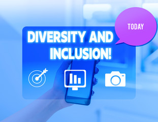 Conceptual hand writing showing Diversity And Inclusion. Concept meaning range huanalysis difference includes race ethnicity gender woman smartphone speech bubble office supplies technology