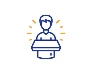 Man speaking sign. Brand ambassador line icon. Advertisement symbol. Colorful outline concept. Blue and orange thin line brand ambassador icon. Vector