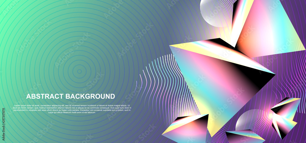 Poster abstract holographic background with neo memphis triangle geometric elements. synthwave, retrowave, 