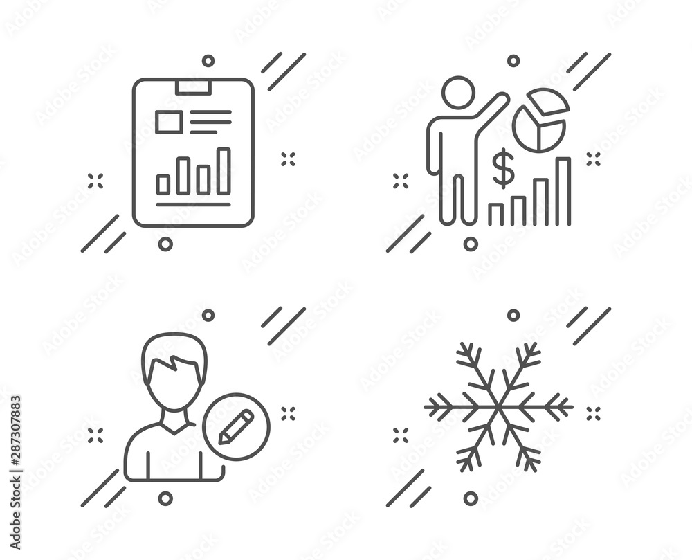 Poster edit person, report document and seo statistics line icons set. air conditioning sign. change user i