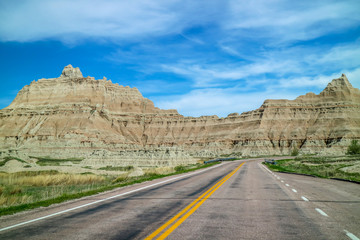 A long way down the road of Badlands National Park, South Dakota