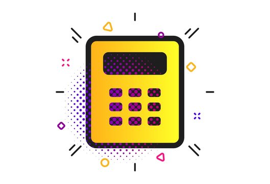 Calculator sign icon. Halftone dots pattern. Bookkeeping symbol. Classic flat calculator icon. Vector