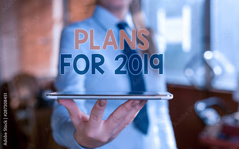 Poster writing note showing plans for 2019. business concept for an intention or decision about what one is