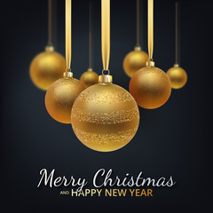 Greeting card, invitation with happy New year 2020 and Christmas. Metallic gold Christmas balls, decoration, shimmering, shiny confetti on a black background. Vector Illustration