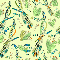 Multi-colored peacocks and tropical leaves. Seamless pattern.Hand drawn illustration.