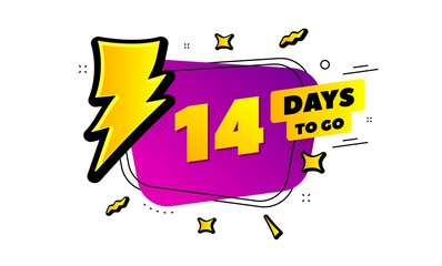 14 days to go sign. Lightning bolt badge. Fourteen days left icon. Thunder bubble vector banner. Price tag design. Promotion sale badge. Limited discounts. Vector