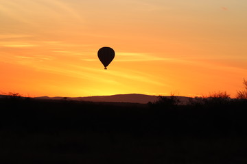 Hot air balloon in the sunrise, Masai Mara National Park, Kenya.