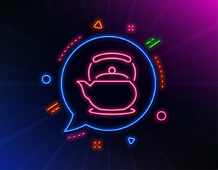 Teapot line icon. Neon laser lights. Hot drink sign. Fresh beverage in kettle symbol. Glow laser speech bubble. Neon lights chat bubble. Banner badge with teapot icon. Vector