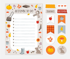 Autumn, fall wish, to do list. Colorful scrapbooking stickers, labels, tapes and gift tags. Cute stationery, planner template set. Trendy Thanksgiving holiday concept. Isolated vector objects.