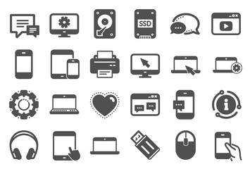 Mobile Devices icons. Set of Laptop, Tablet PC and Smartphone signs. HDD, SSD and Flash drives. Headphones, Printer devices and Mouse icons. Chat speech bubbles. Quality set. Vector