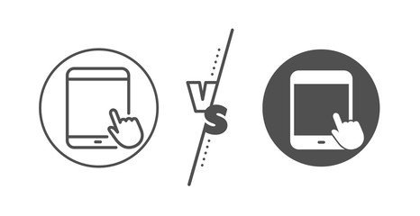 Mobile Device with Hand cursor sign. Versus concept. Tablet PC icon. Touchscreen gadget symbols. Line vs classic tablet PC icon. Vector