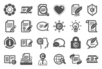 Copywriting book icons. Set of Copyright protection, Signature and Feedback icons. Typewriter, Idea and message copywriting. Write book, legal copyright, content author. Light bulb. Vector